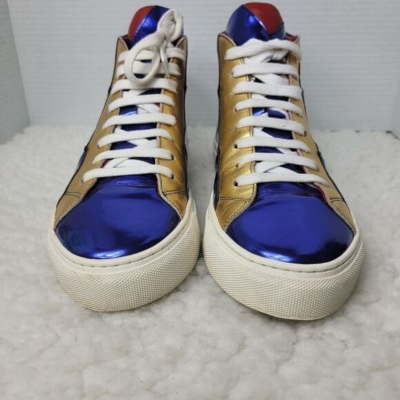 Anonyme Paris Men's Size 10 High Top Sneaker In Blue Gold & Red Patent Leather - Picture 2 of 10